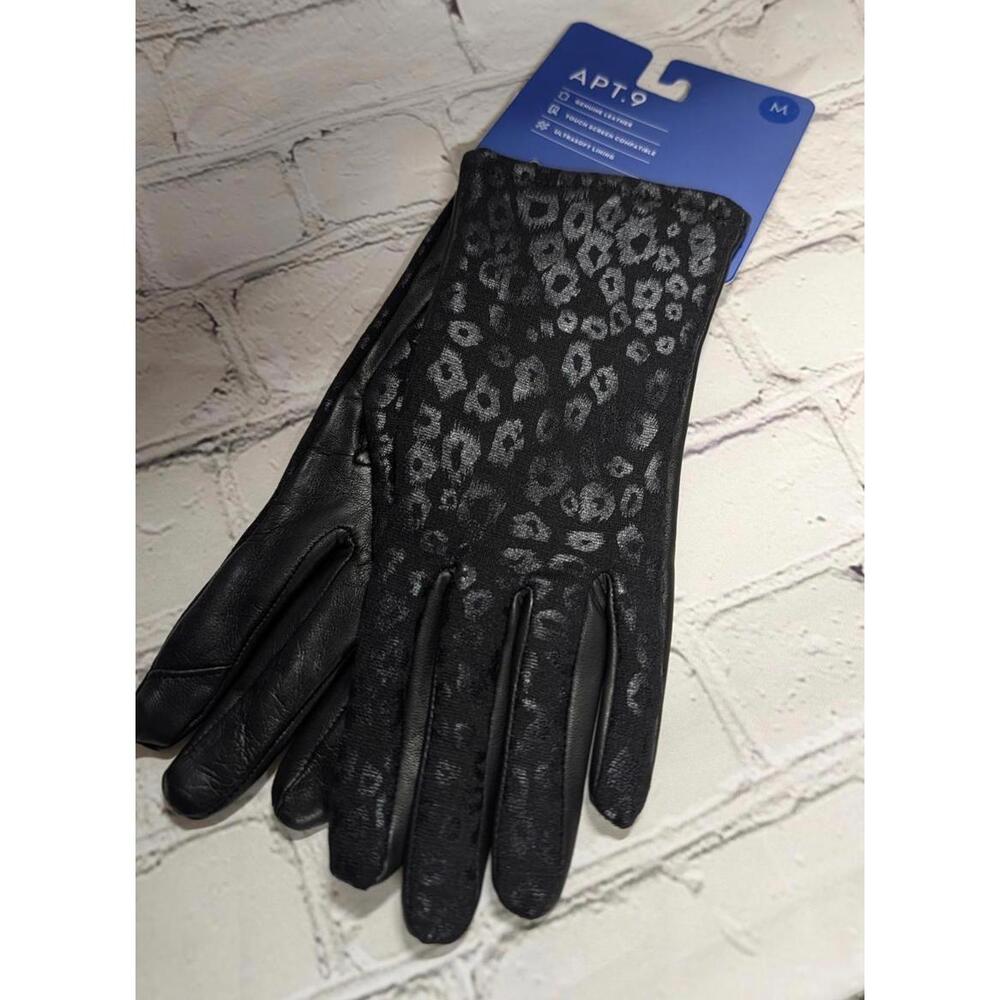Apt 9 LEATHER touch tips $48 womens leopard sheen gloves NWT Med